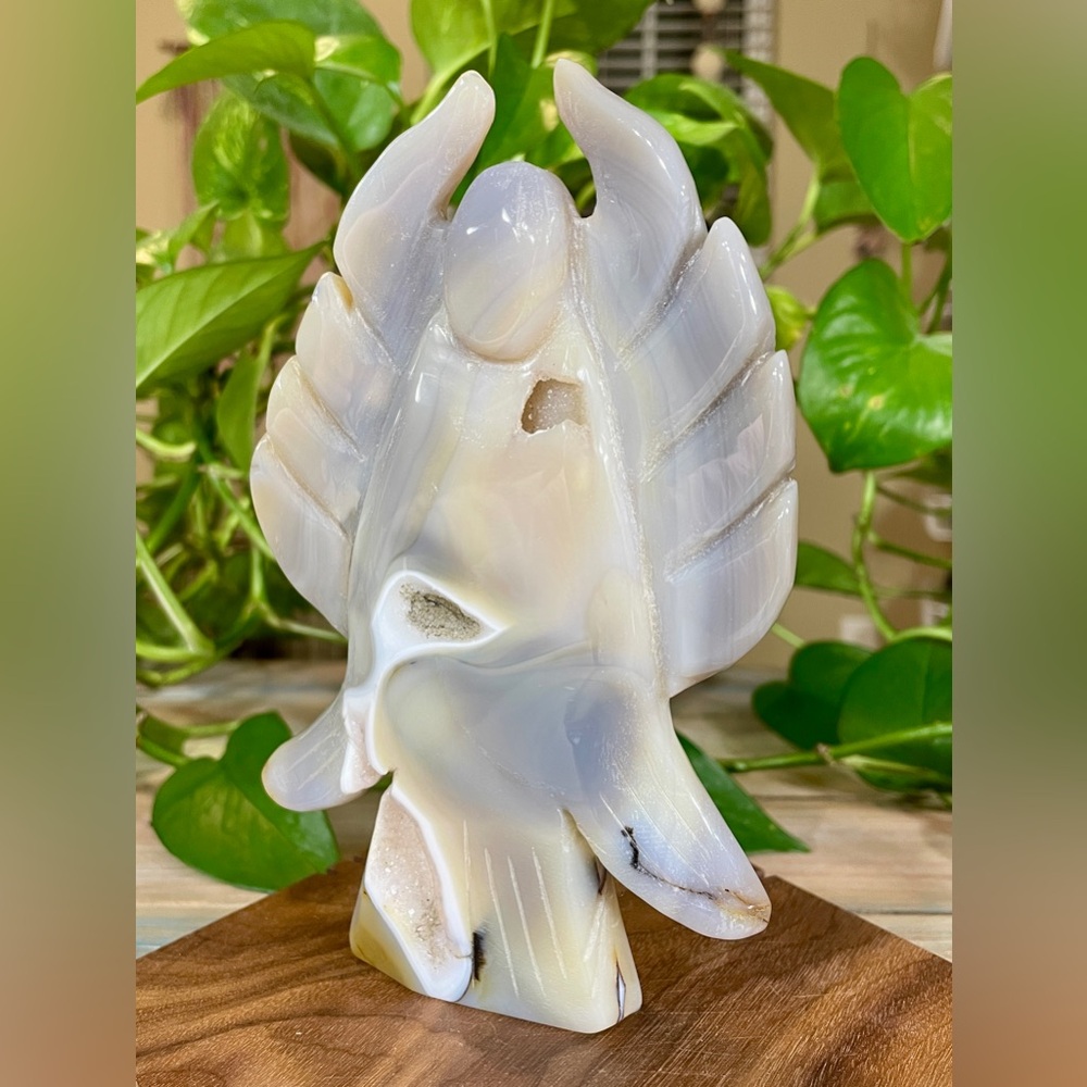 1545 Blue Agate Crystal Angel Carving with Druzy